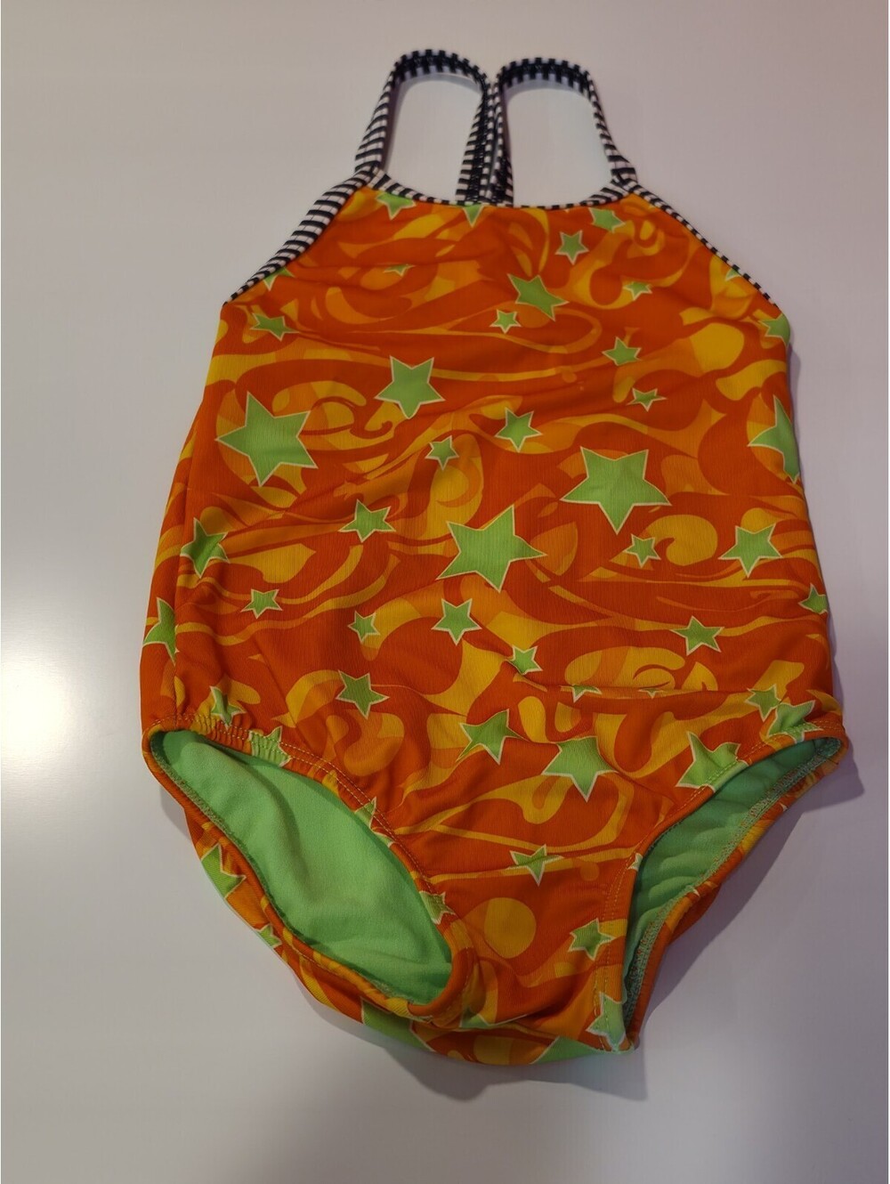 Dolfin Orange Neon Green Star Girls One Piece Swimsuit Sz 6x